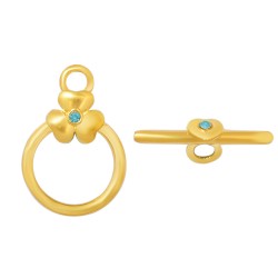Chiusura T-Bar in Acciaio Fiore con Strass 23x15x5,5 mm, Color Oro Strass Azzurro - 1 pz
