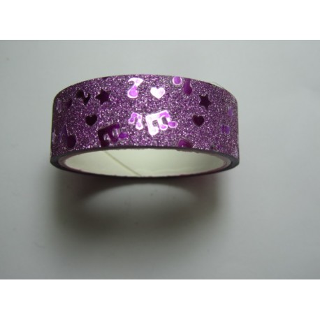 Stickers Adesivi con Glitters 14,5 mm Note, Cuori e Stelle Fucsia - 1 Rotolo da corca 3 m