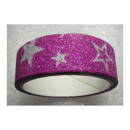 Stickers Adesivi con Glitters 14,5 mm Stelle Fucsia - 1 Rotolo da circa 3 m