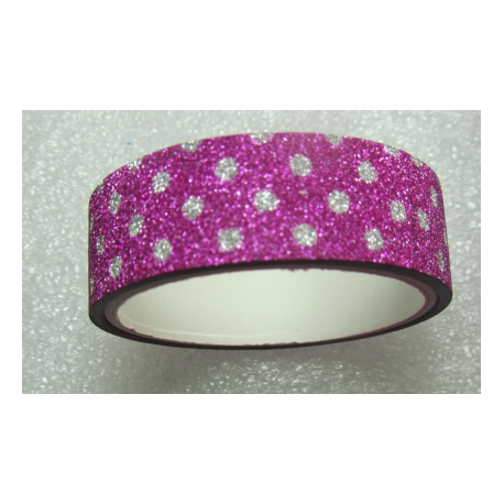 Stickers Adesivi con Glitters 14,5 mm Fucsia Pois Bianchi- 1 Rotolo da circa 3 m