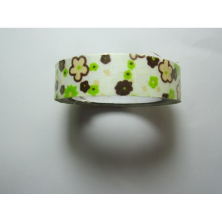 Nastro Adesivo Soggetti Floreali 15 mm Fiori Verdi/Marroni Sfondo Panna - 1 Rotolo da circa 5 m
