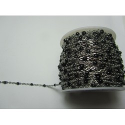 Rosary Stainless Steel Chain, Black Glass Beads 2,5x2 mm - 50 cm