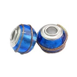 Rondella a Foro Largo in Vetro ed Ottone 11x14 mm, Fatta a Mano, Blu - 2 pz
