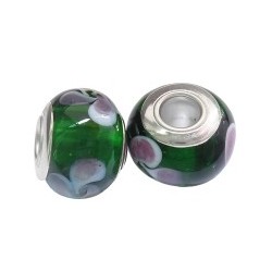 Large Hole Oval Bead, Glass and Brass, 11x14 mm, Handmade, Green - 2 pcs