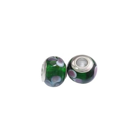 Rondella a Foro Largo in Vetro ed Ottone 11x14 mm, Fatta a Mano, Verde - 2 pz