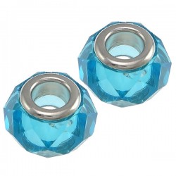 Large Hole Faceted Oval Bead, Glass and Brass, 10x14 mm, Light Blue - 2 pcs