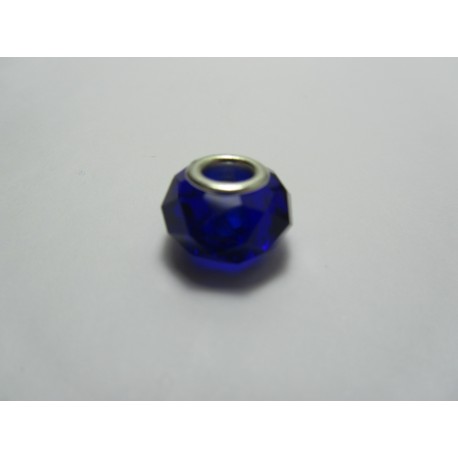 Large Hole Faceted Oval Bead, Glass and Brass, 10x14 mm, Blue - 2 pcs