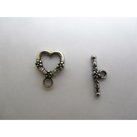 Chiusura T-Bar Cuore 11x14x1 mm, Color Argento Anticato - 4 pz 
