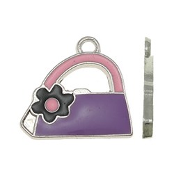 Pendente Smaltato Borsetta con Fiore 22 x 21 mm Viola/Rosa Argentato - 1 pz