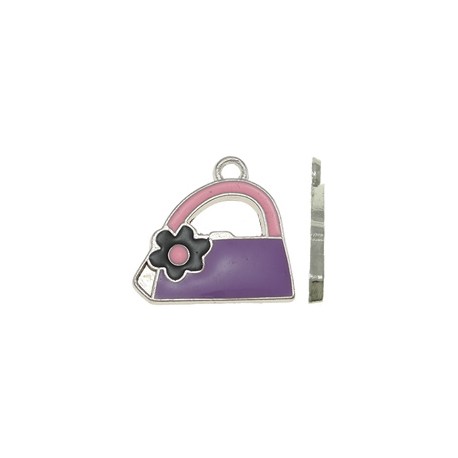 Pendente Smaltato Borsetta con Fiore 22 x 21 mm Viola/Rosa Argentato - 1 pz