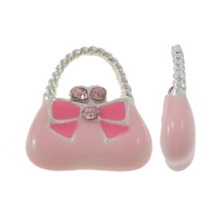 Pendente Smaltato Borsetta con Fiocco e Strass 12 x 14 x 3 mm Rosa Argentato - 1 pz