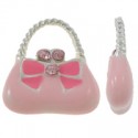 Pendente Smaltato Borsetta con Fiocco e Strass 12 x 14 x 3 mm Rosa /Argentato - 1 pz