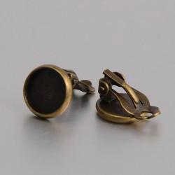 Brass Clip-on Earring 17x12 mm, 10 mm Cabochon Setting, Antique Bronze Color - 2 pcs